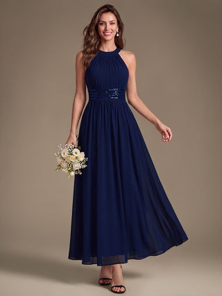 Corset Sash Halter Chiffon A-Line Maxi Bridesmaid Dress