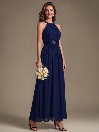 Corset Sash Halter Chiffon A-Line Maxi Bridesmaid Dress
