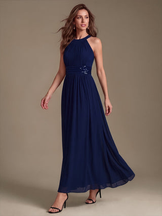 Corset Sash Halter Chiffon A-Line Maxi Bridesmaid Dress