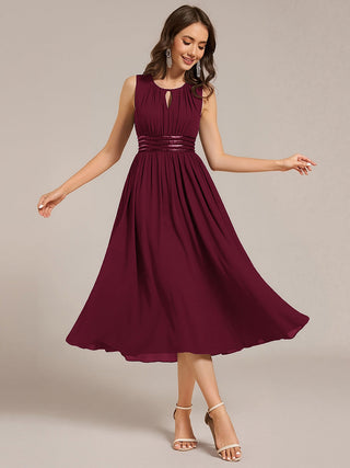 Sleeveless Ruched A-Line Midi Length Round Neck Bridesmaid Dresses