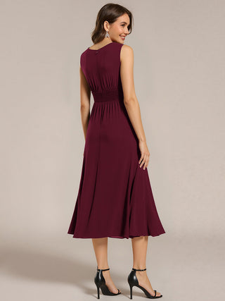 Sleeveless Ruched A-Line Midi Length Round Neck Bridesmaid Dresses