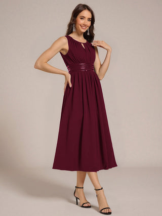 Sleeveless Ruched A-Line Midi Length Round Neck Bridesmaid Dresses