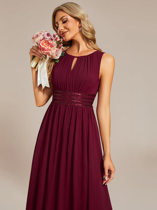 Sleeveless Ruched A-Line Midi Length Round Neck Bridesmaid Dresses