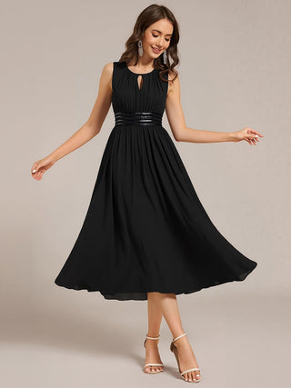 Sleeveless Ruched A-Line Midi Length Round Neck Bridesmaid Dresses
