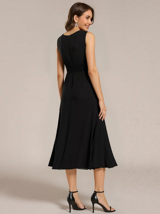 Sleeveless Ruched A-Line Midi Length Round Neck Bridesmaid Dresses