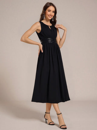 Sleeveless Ruched A-Line Midi Length Round Neck Bridesmaid Dresses