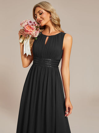 Sleeveless Ruched A-Line Midi Length Round Neck Bridesmaid Dresses