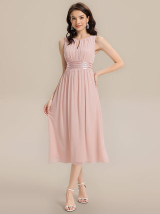 Sleeveless Ruched A-Line Midi Length Round Neck Bridesmaid Dresses