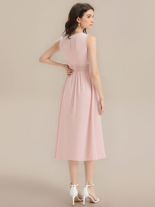 Sleeveless Ruched A-Line Midi Length Round Neck Bridesmaid Dresses