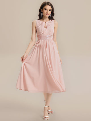 Sleeveless Ruched A-Line Midi Length Round Neck Bridesmaid Dresses