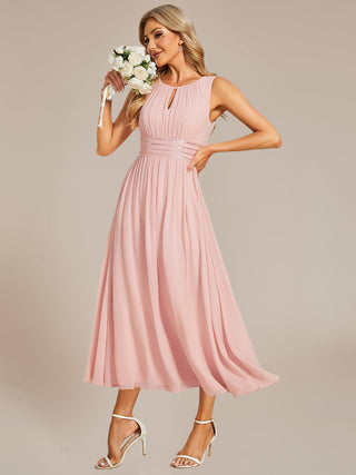 Sleeveless Ruched A-Line Midi Length Round Neck Bridesmaid Dresses