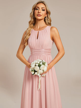 Sleeveless Ruched A-Line Midi Length Round Neck Bridesmaid Dresses