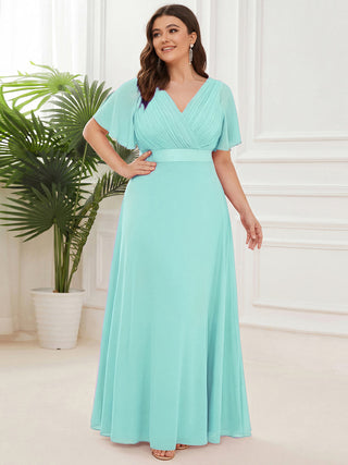 Commercial Short Sleeve Ruffle V-Neck Pleated A-Line Floor Length Bridesmaid Dresses