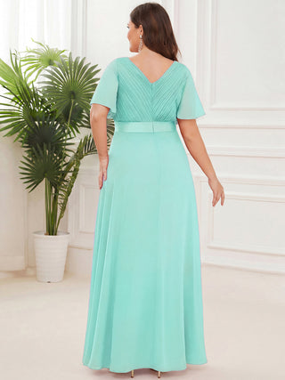 Commercial Short Sleeve Ruffle V-Neck Pleated A-Line Floor Length Bridesmaid Dresses