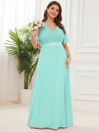 Commercial Short Sleeve Ruffle V-Neck Pleated A-Line Floor Length Bridesmaid Dresses
