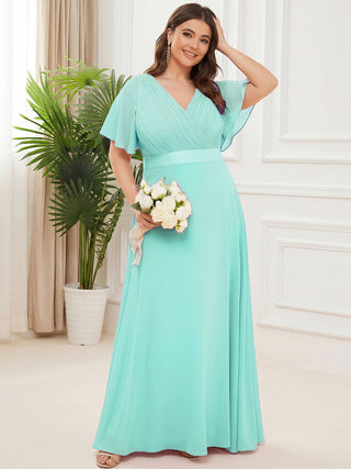 Commercial Short Sleeve Ruffle V-Neck Pleated A-Line Floor Length Bridesmaid Dresses