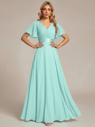 Commercial Short Sleeve Ruffle V-Neck Pleated A-Line Floor Length Bridesmaid Dresses