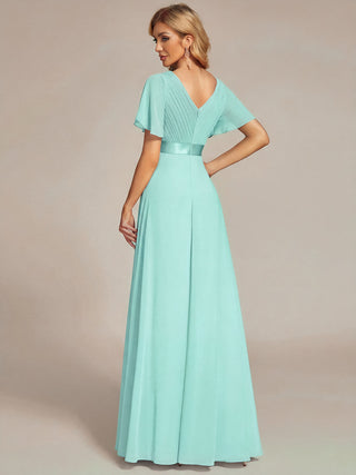 Commercial Short Sleeve Ruffle V-Neck Pleated A-Line Floor Length Bridesmaid Dresses