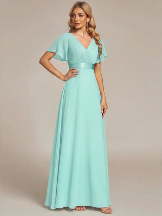 Commercial Short Sleeve Ruffle V-Neck Pleated A-Line Floor Length Bridesmaid Dresses