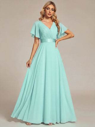 Commercial Short Sleeve Ruffle V-Neck Pleated A-Line Floor Length Bridesmaid Dresses