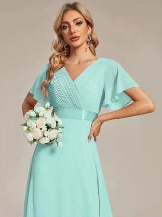 Commercial Short Sleeve Ruffle V-Neck Pleated A-Line Floor Length Bridesmaid Dresses