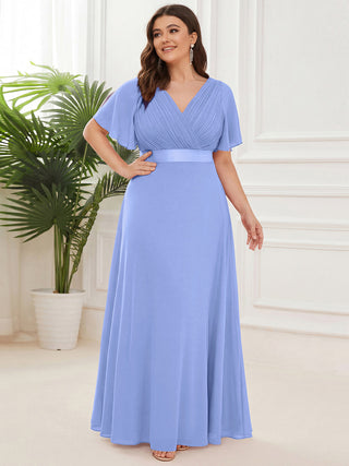 Commercial Short Sleeve Ruffle V-Neck Pleated A-Line Floor Length Bridesmaid Dresses