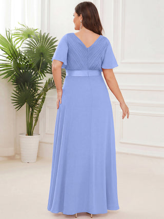 Commercial Short Sleeve Ruffle V-Neck Pleated A-Line Floor Length Bridesmaid Dresses