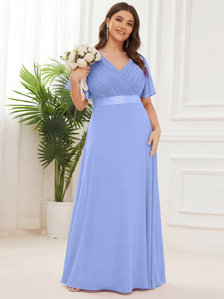 Commercial Short Sleeve Ruffle V-Neck Pleated A-Line Floor Length Bridesmaid Dresses