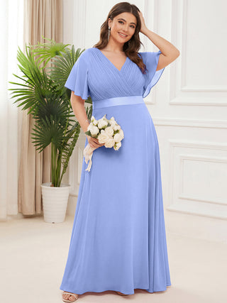 Commercial Short Sleeve Ruffle V-Neck Pleated A-Line Floor Length Bridesmaid Dresses