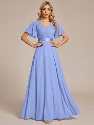Commercial Short Sleeve Ruffle V-Neck Pleated A-Line Floor Length Bridesmaid Dresses
