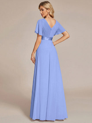 Commercial Short Sleeve Ruffle V-Neck Pleated A-Line Floor Length Bridesmaid Dresses