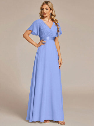 Commercial Short Sleeve Ruffle V-Neck Pleated A-Line Floor Length Bridesmaid Dresses