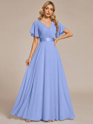 Commercial Short Sleeve Ruffle V-Neck Pleated A-Line Floor Length Bridesmaid Dresses