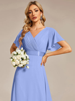 Commercial Short Sleeve Ruffle V-Neck Pleated A-Line Floor Length Bridesmaid Dresses