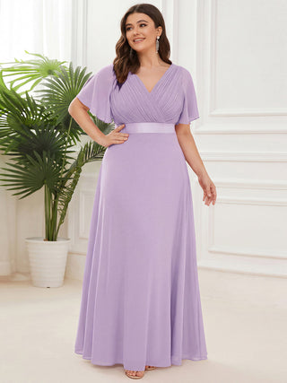 Commercial Short Sleeve Ruffle V-Neck Pleated A-Line Floor Length Bridesmaid Dresses