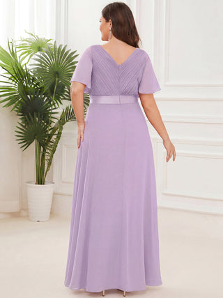 Commercial Short Sleeve Ruffle V-Neck Pleated A-Line Floor Length Bridesmaid Dresses