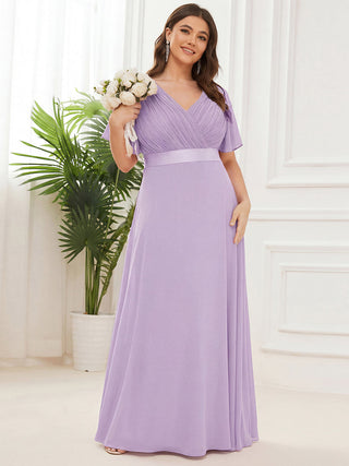 Commercial Short Sleeve Ruffle V-Neck Pleated A-Line Floor Length Bridesmaid Dresses