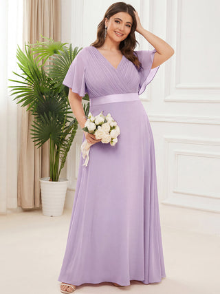 Commercial Short Sleeve Ruffle V-Neck Pleated A-Line Floor Length Bridesmaid Dresses