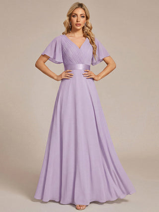 Commercial Short Sleeve Ruffle V-Neck Pleated A-Line Floor Length Bridesmaid Dresses