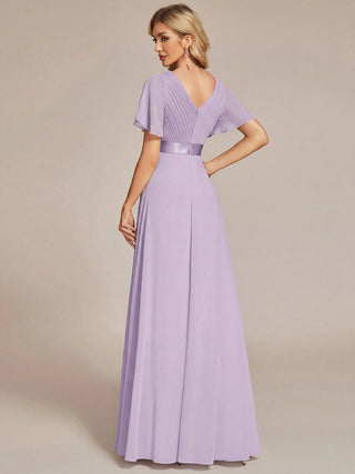 Commercial Short Sleeve Ruffle V-Neck Pleated A-Line Floor Length Bridesmaid Dresses