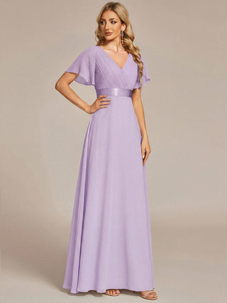 Commercial Short Sleeve Ruffle V-Neck Pleated A-Line Floor Length Bridesmaid Dresses