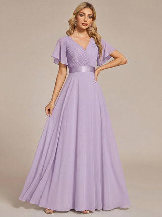 Commercial Short Sleeve Ruffle V-Neck Pleated A-Line Floor Length Bridesmaid Dresses