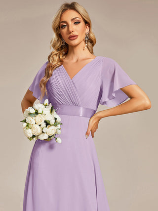 Commercial Short Sleeve Ruffle V-Neck Pleated A-Line Floor Length Bridesmaid Dresses