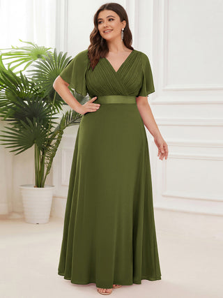 Commercial Short Sleeve Ruffle V-Neck Pleated A-Line Floor Length Bridesmaid Dresses