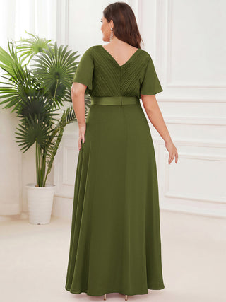 Commercial Short Sleeve Ruffle V-Neck Pleated A-Line Floor Length Bridesmaid Dresses