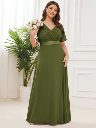 Commercial Short Sleeve Ruffle V-Neck Pleated A-Line Floor Length Bridesmaid Dresses