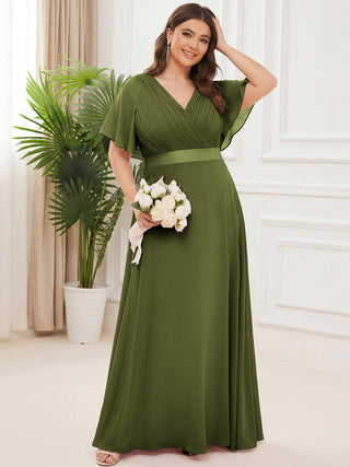 Commercial Short Sleeve Ruffle V-Neck Pleated A-Line Floor Length Bridesmaid Dresses