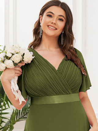 Commercial Short Sleeve Ruffle V-Neck Pleated A-Line Floor Length Bridesmaid Dresses