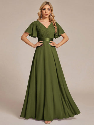 Commercial Short Sleeve Ruffle V-Neck Pleated A-Line Floor Length Bridesmaid Dresses