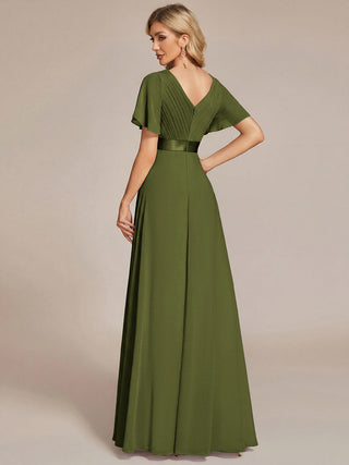 Commercial Short Sleeve Ruffle V-Neck Pleated A-Line Floor Length Bridesmaid Dresses